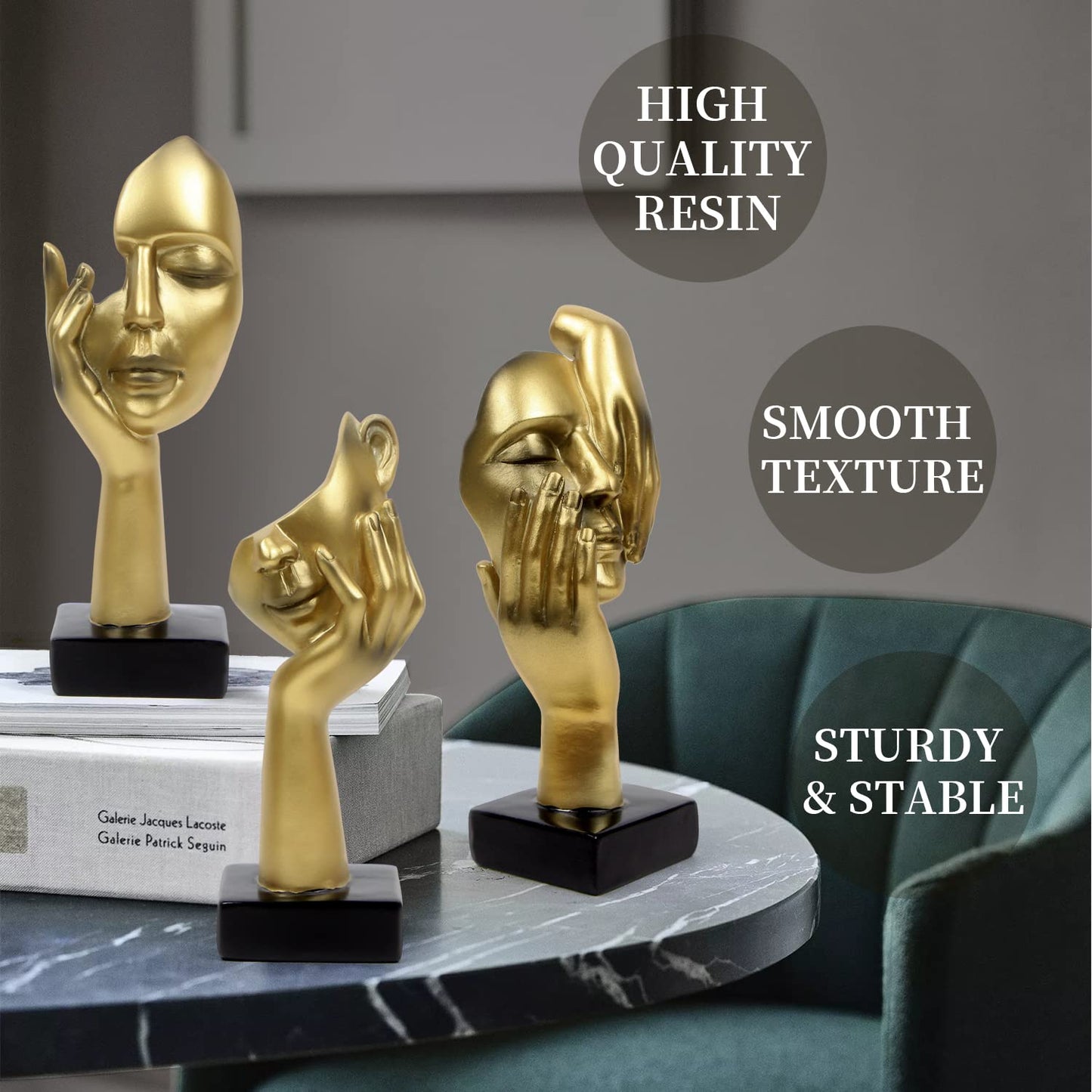 prosfalt 3 Pcs Thinker Statue,Modern Home Resin Sculptures,Collectible Figurines for Home Office Bookshelf Desktop Decor(Golden)