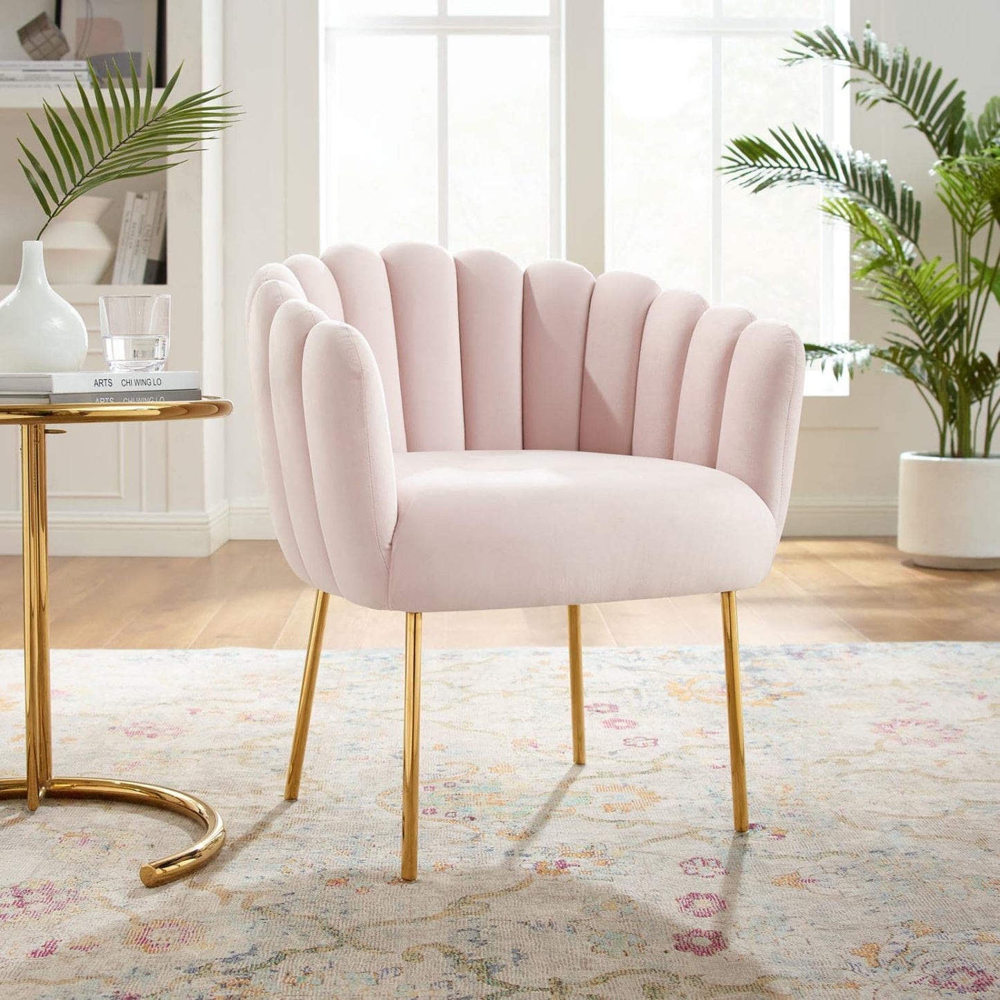 Modway Sanna Modern Channel Tufted Performance Velvet Armchair in Pink/Gold