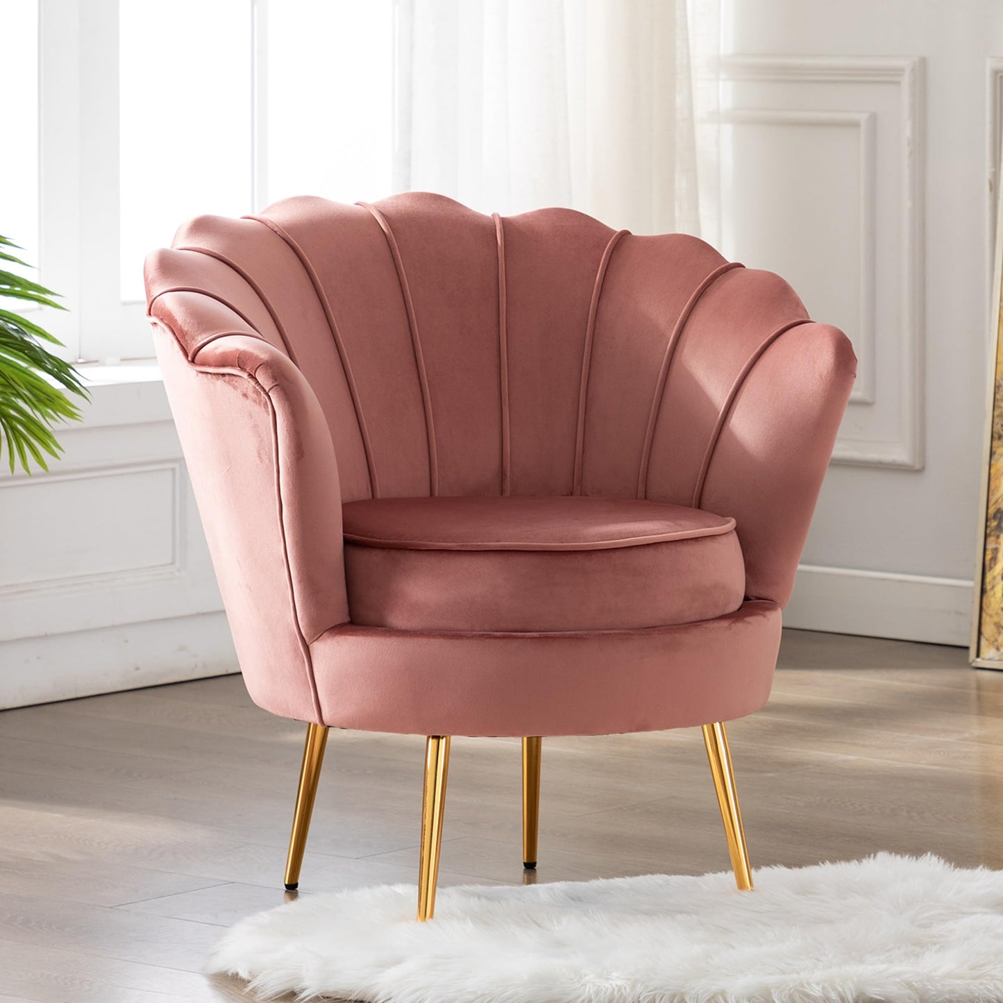 DAGONHIL Mid Century Modern Upholstered Accent Chair,Retro Leisure Velvet Single Sofa with Golden Metal Legs for Living Room/Bedroom/Makeup Room, Dusty Pink