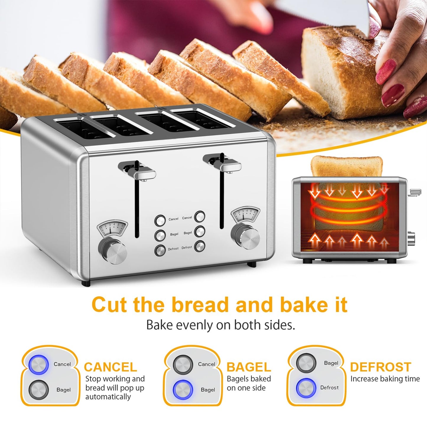 WHALL Stainless Steel Toaster, 6 Bread Shade Settings, Bagel/Defrost/Cancel Function, Extra-Wide Slot of 1.5 in Wide Slot, High Lift Lever, Removable Crumb Tray, for Various Bread Types