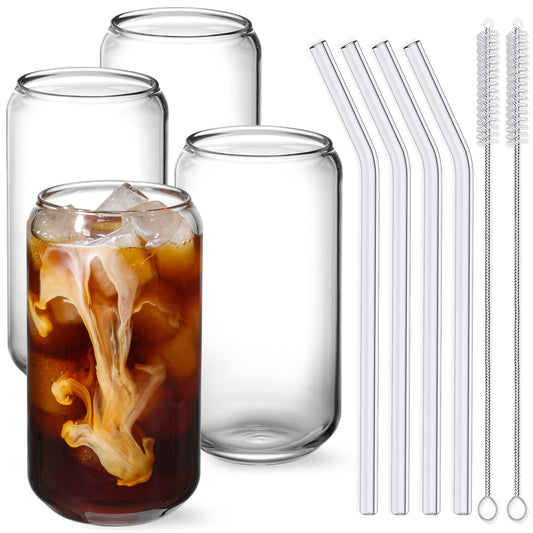 NETANY Drinking Glasses with Glass Straw 4pcs Set - 16oz Can Design Highball Glass Cups, Beer Glasses, Iced Coffee Glasses, Cute Tumbler Cup, Ideal for Whiskey, Soda, Tea, Water, Gift, 2 Brushes