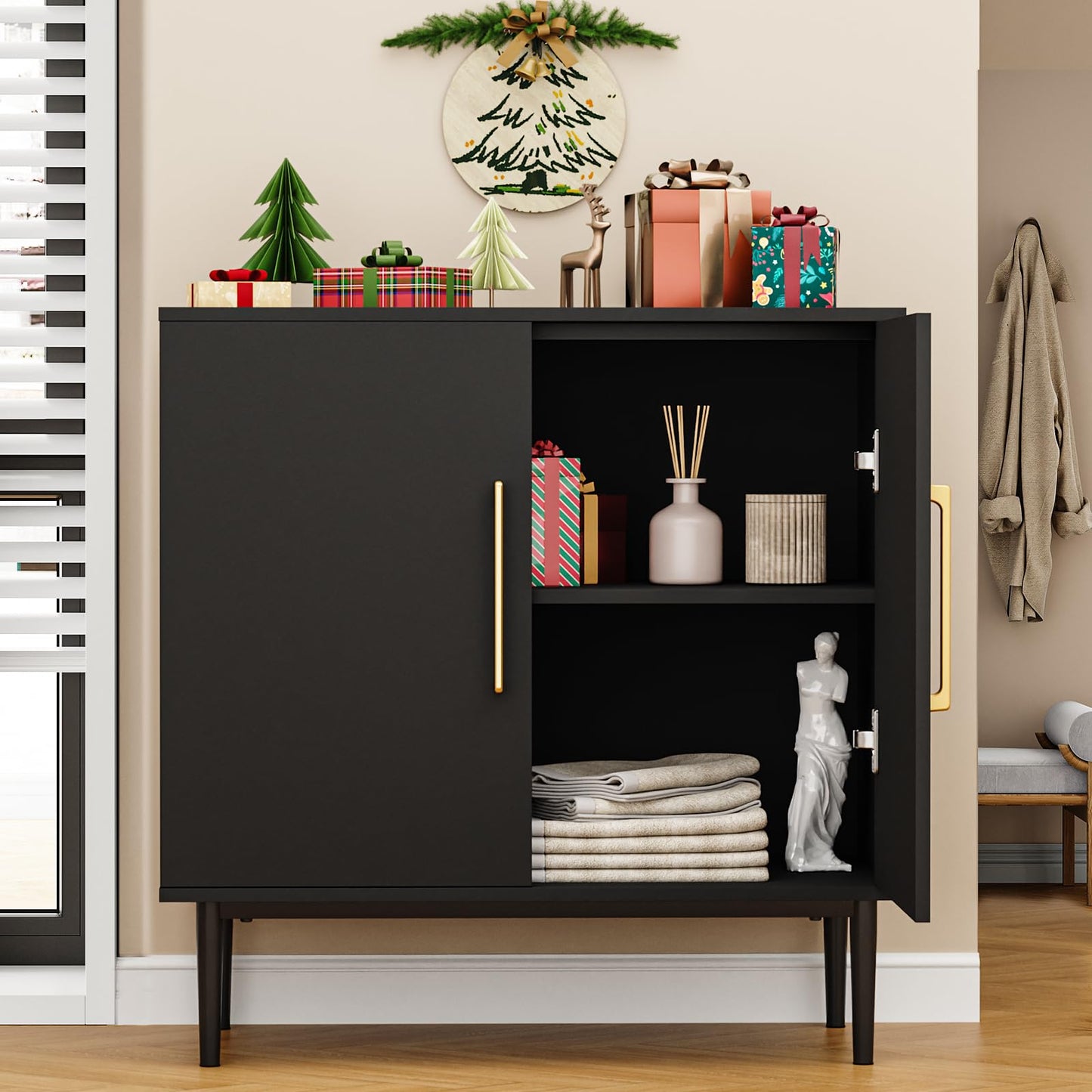 REHOOPEX Storage Cabinet with Doors, Modern Black Accent Cabinet, Free Standing Cabinet, Wooden Buffet Sideboards for Bedroom, Kitchen,Home Office