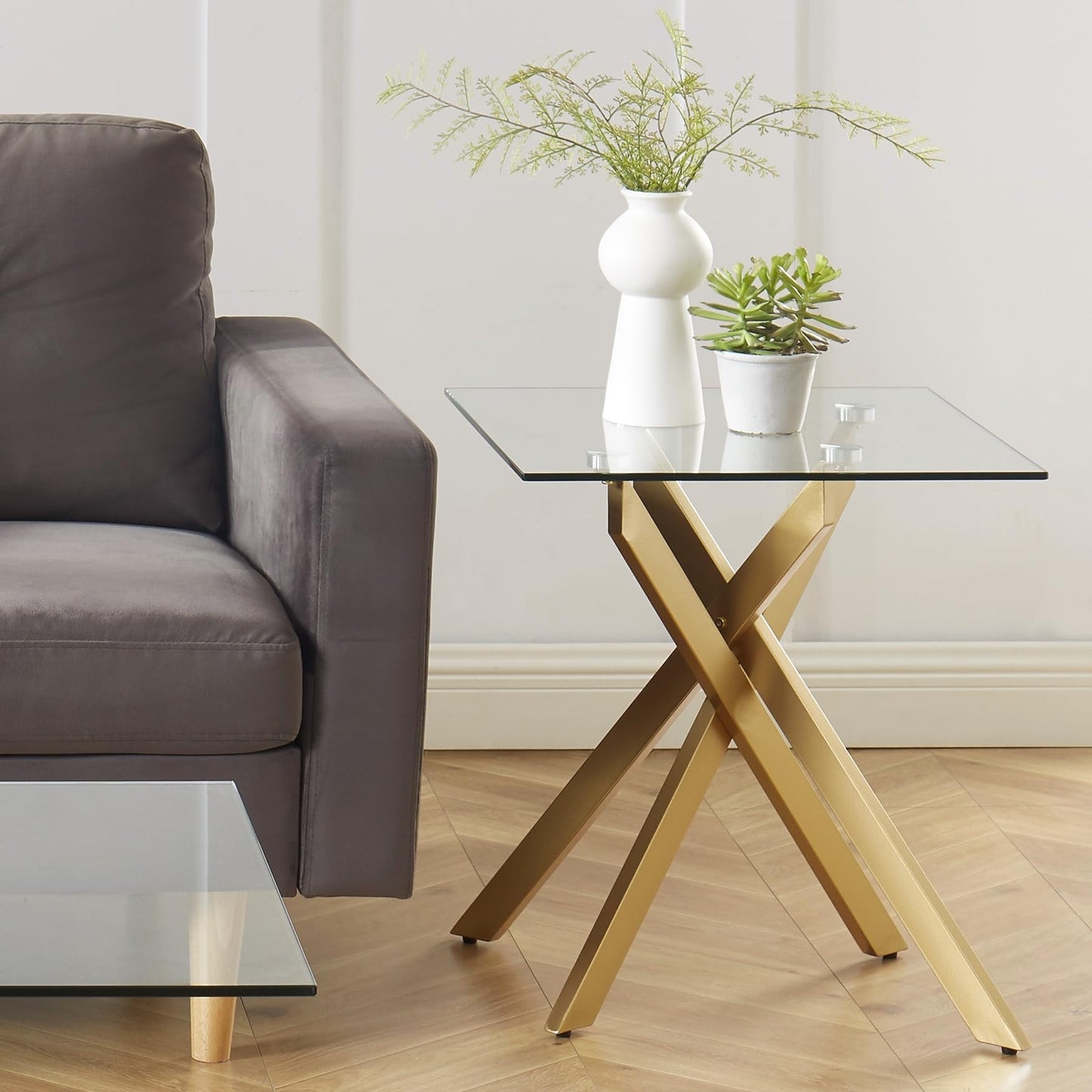 Modern Style Square Side Table with Tempered Glass Top and Metal Tubular Legs, Gold 20”Dx20”Wx22”H