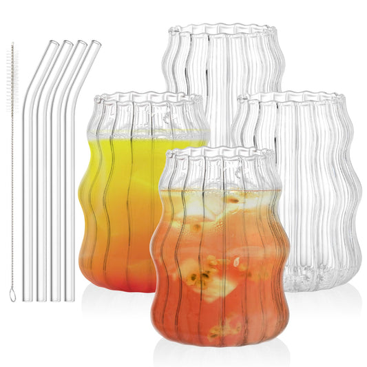 Tebery 4 Pack Ribbed Aesthetic Glass Cups with Glass Straw, 16Oz Vintage Drinking Glassware Ripple Cocktail Glasses for Iced Coffee Juice Beverage Milk