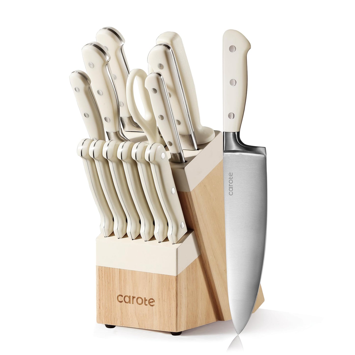 CAROTE 14 Pieces Knife Set with Block, Forged, High Carbon Stainless Steel Sharp Blade Block Knife Set, Dishwasher Safe Cutlery, Cream