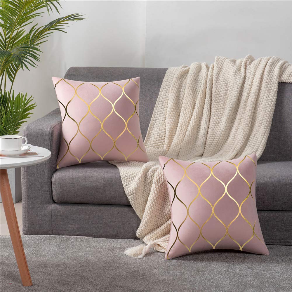 DEZENE Gold Velvet Throw Pillow Covers: 2 Pack 18x18 Inch Square Decorative Pillow Cases for Bedroom Sofa Couch Living Room, Pink