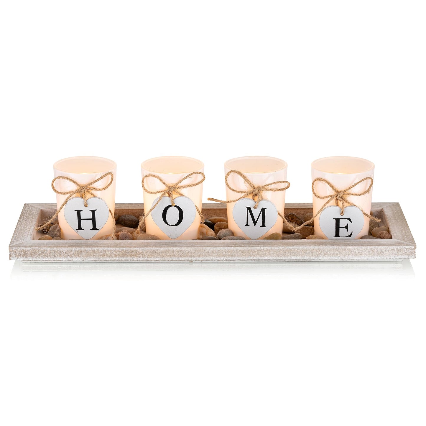 Romadedi Farmhouse Centerpiece Candle Holder Decor - Rustic Wooden Tray with 4 Glass Tealight Candles Holders for Coffee Table Home Decorations Living Room Fireplace Kitchen Housewarming Gifts