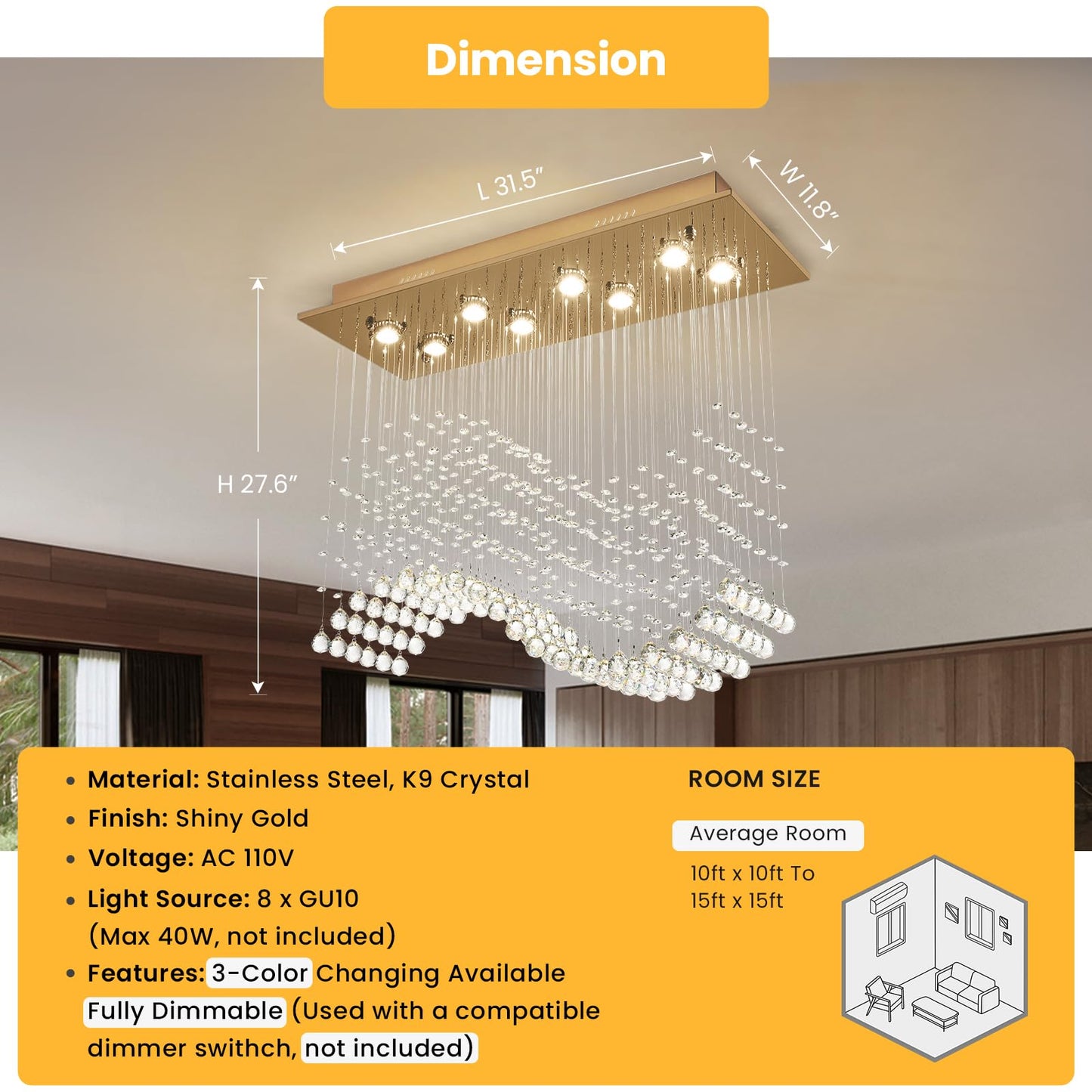 Siljoy Modern Crystal Chandelier Gold Rectangular Wave Raindrop Chandelier 8 Lights Rectangle Flush Mount Ceiling Light Pendant Light Fixture for Dining Room Living Room Kitchen Island L31.5''