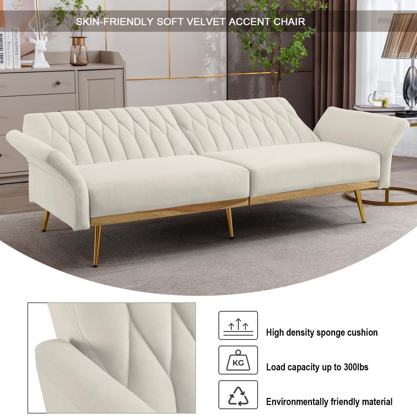 TTGIEET Futon Sofa Bed, Convertible Futon Sofa with Adjustable Armrest and Golden Metal Legs, Mid Century Modern Tufted Loveseat Couch Sleeper for Living Room, Bedroom, 70 Inch Width (Sofa, Cream)