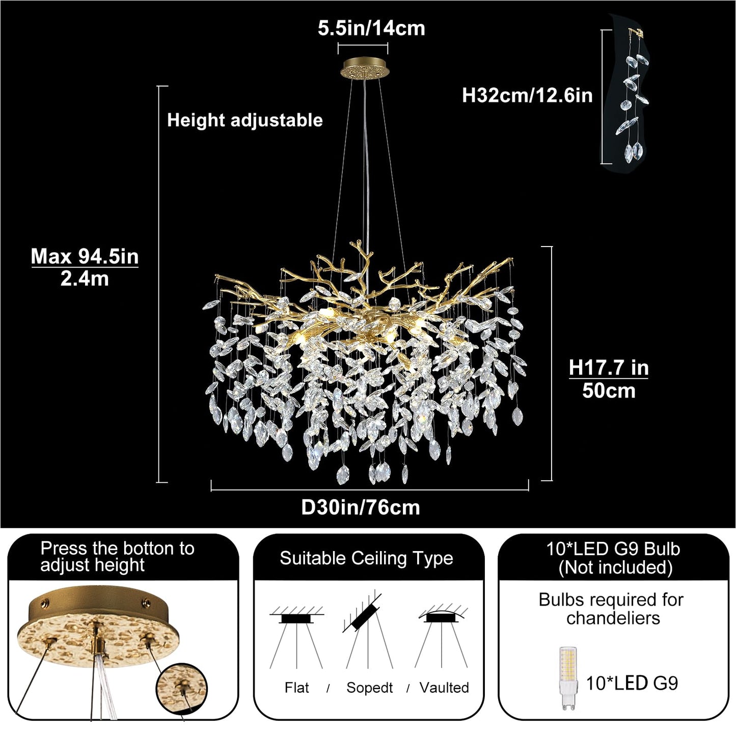 kvtinmty Modern Crystal Chandelier, 30" Chandeliers for Dining Room,Gold Tree Branches Chandelier Lighting, Round Dining Room Chandelier Over Table,Branches and Crystals Ceiling Light Fixtures