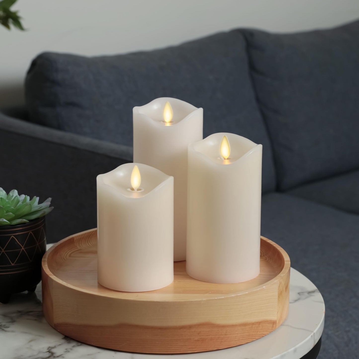 Matchless Candle Co. by Luminara Set of 3 (3" x 4.5",5.5",6.5") Flameless LED Flickering Battery Candle Moving Flame Pillar, Melted Edge, Real Wax Smooth Finish (Unscented)