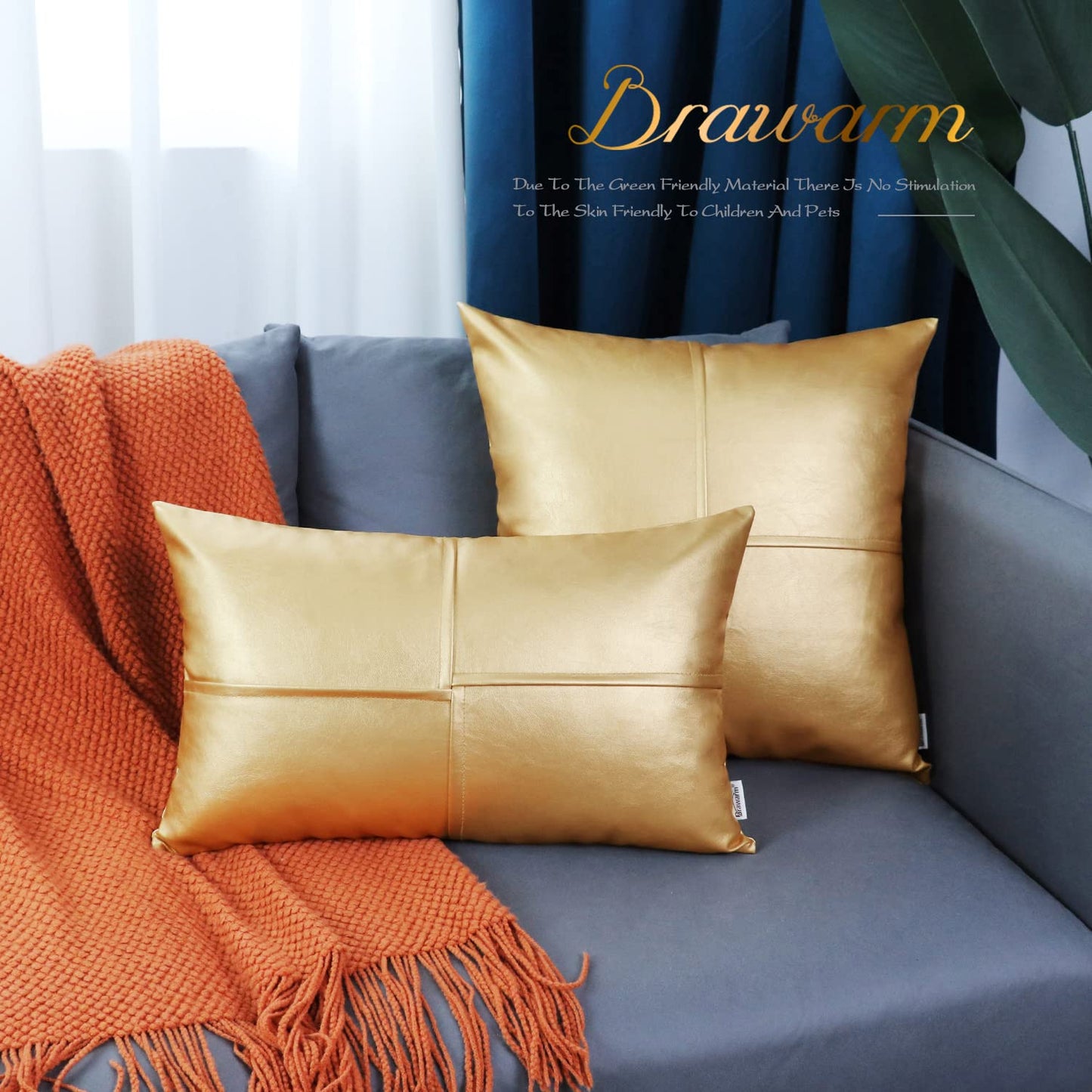 BRAWARM Faux Leather Throw Pillow Covers 12 X 20 Inches, Gold Leather Lumbar Pillow Covers Pack of 2, Hand Stitched Leather Decorative Throw Pillows for Couch Sofa Bed Living Room Home Garden