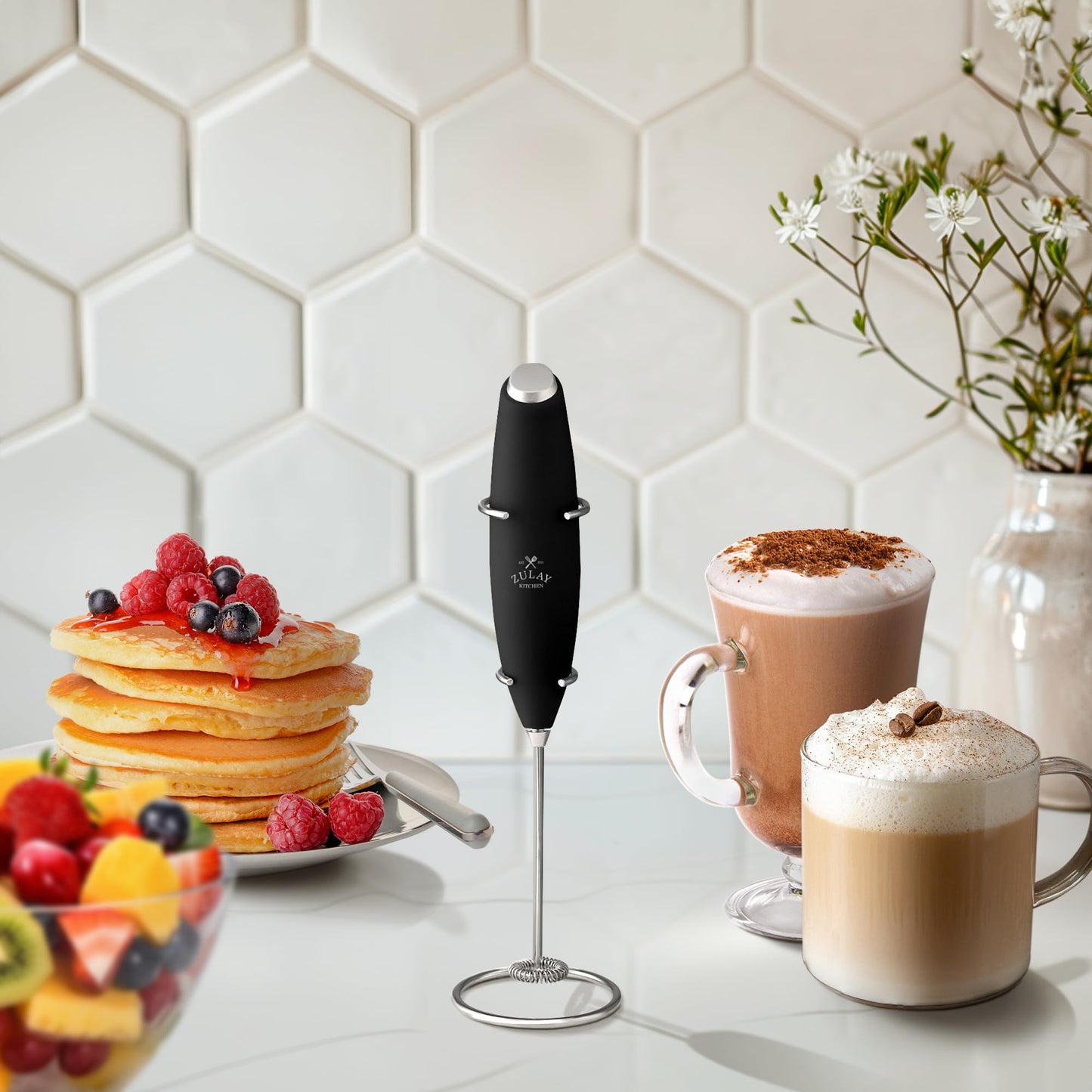 Zulay Kitchen Powerful Milk Frother Wand With 2 Duracell Batteries - Ultra Fast Handheld Drink Mixer - Electric Whisk Foam Maker for Coffee, Lattes, Cappuccino, Matcha, Hot Chocolate & Creamer - Black