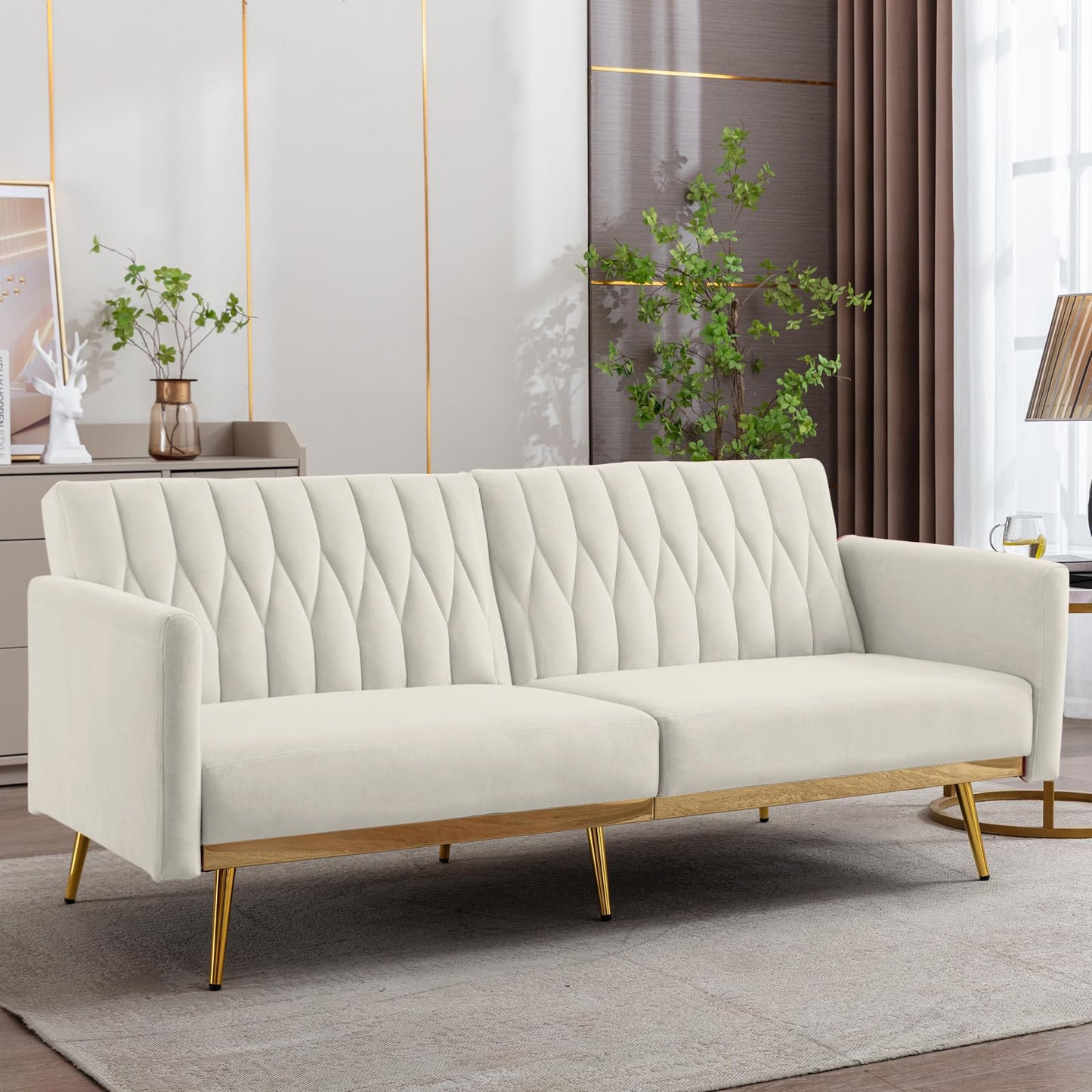 TTGIEET Futon Sofa Bed, Convertible Futon Sofa with Adjustable Armrest and Golden Metal Legs, Mid Century Modern Tufted Loveseat Couch Sleeper for Living Room, Bedroom, 70 Inch Width (Sofa, Cream)