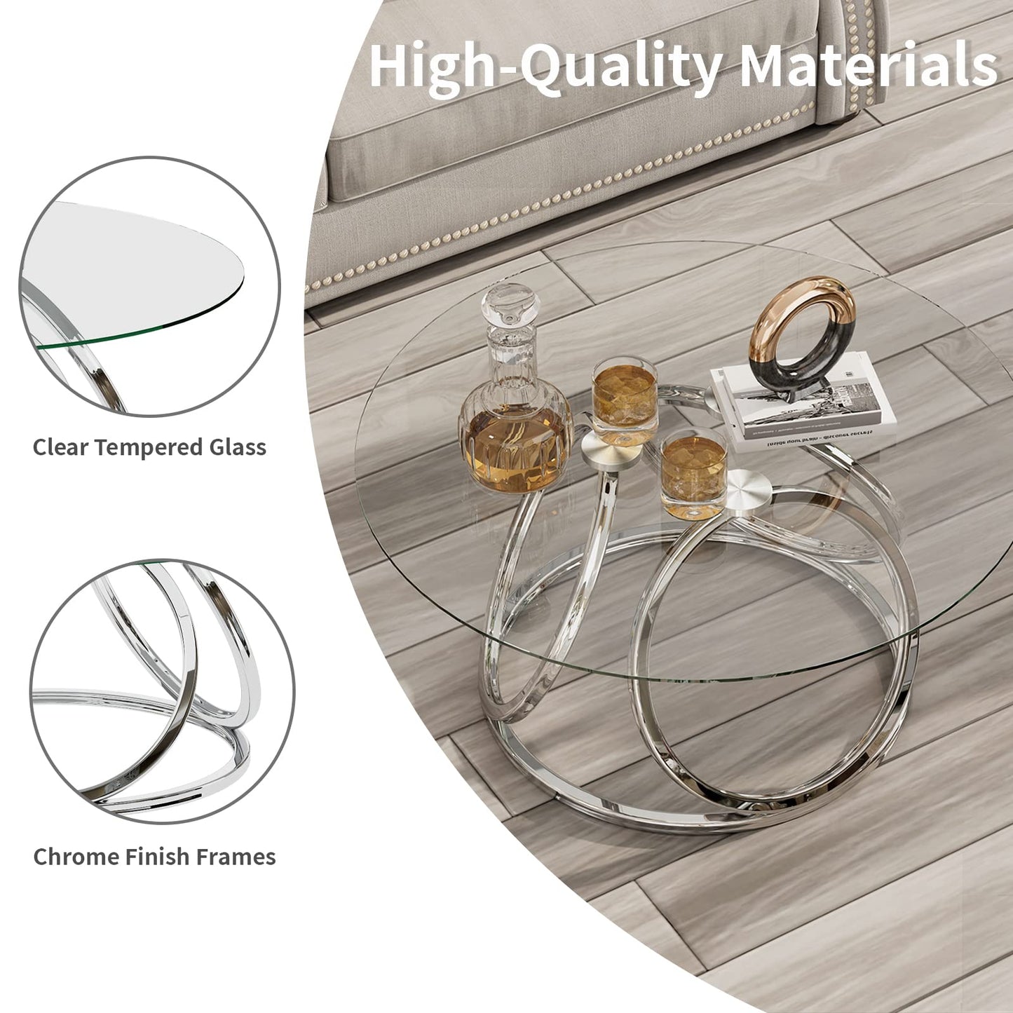 O&K FURNITURE Silver Coffee Table, Modern Glass Coffee Table Living Room Table with Ring-Shaped Frames, Glass Coffee Table for Home&Office, Chrome Finish, 1 PC