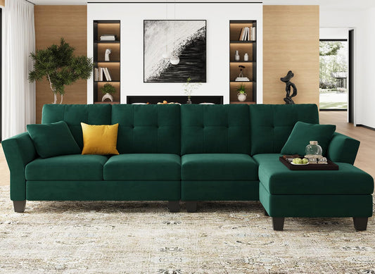 Belffin Convertible Sectional Couch Velvet L Shaped Sofa 4 Seat Sofa with Chaise L-Shaped Couches Reversible Sectional Sofa (Dark Green, L Shaped Couch)