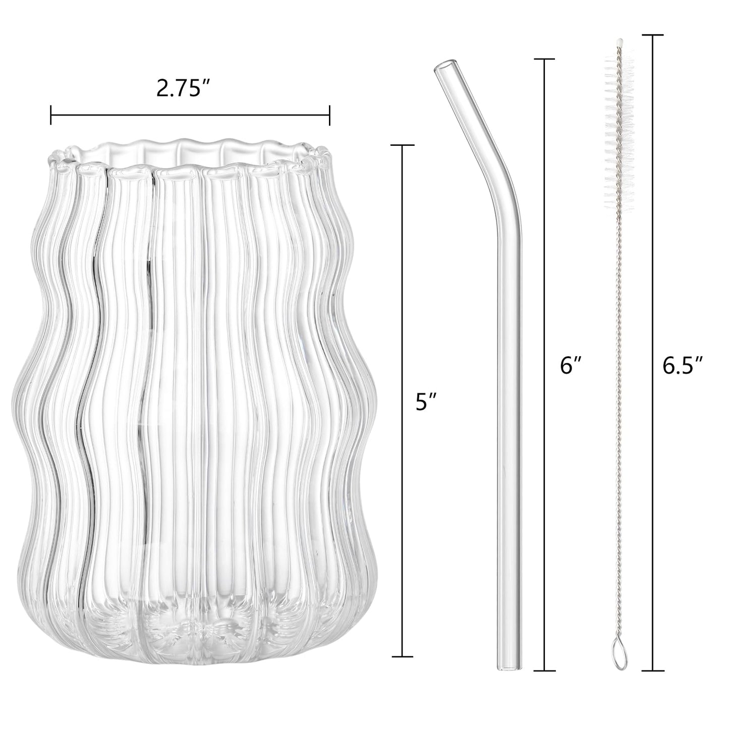 Tebery 4 Pack Ribbed Aesthetic Glass Cups with Glass Straw, 16Oz Vintage Drinking Glassware Ripple Cocktail Glasses for Iced Coffee Juice Beverage Milk