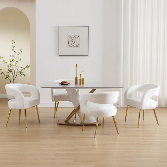 ZH4YOU White Upholstered Dining Chairs Set of 4, Luxury Velvet Dining Room Chairs with Gold Metal Legs Modern Comfy Barrel Armchairs for Kitchen Living Room Recepition Restaurant