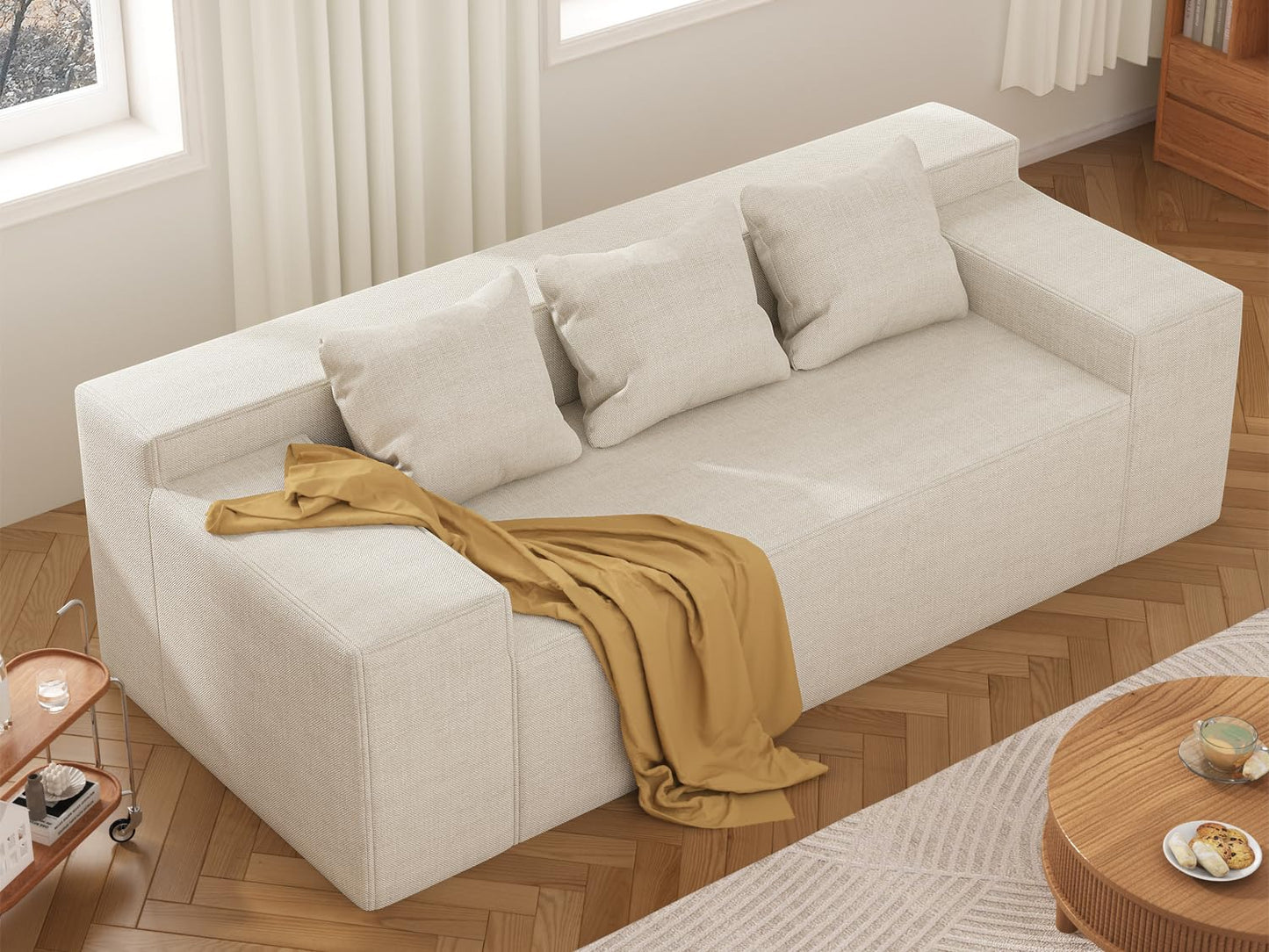 PurrJoys Modern 3-Seater Sofa, Hybrid Sofa in a Box, No Assembly Required, Comfy Sofa Couch with 3 Matching Pillows, Cat-Scratch Resistant Linen, Couch for Living Room or Bedroom, Beige