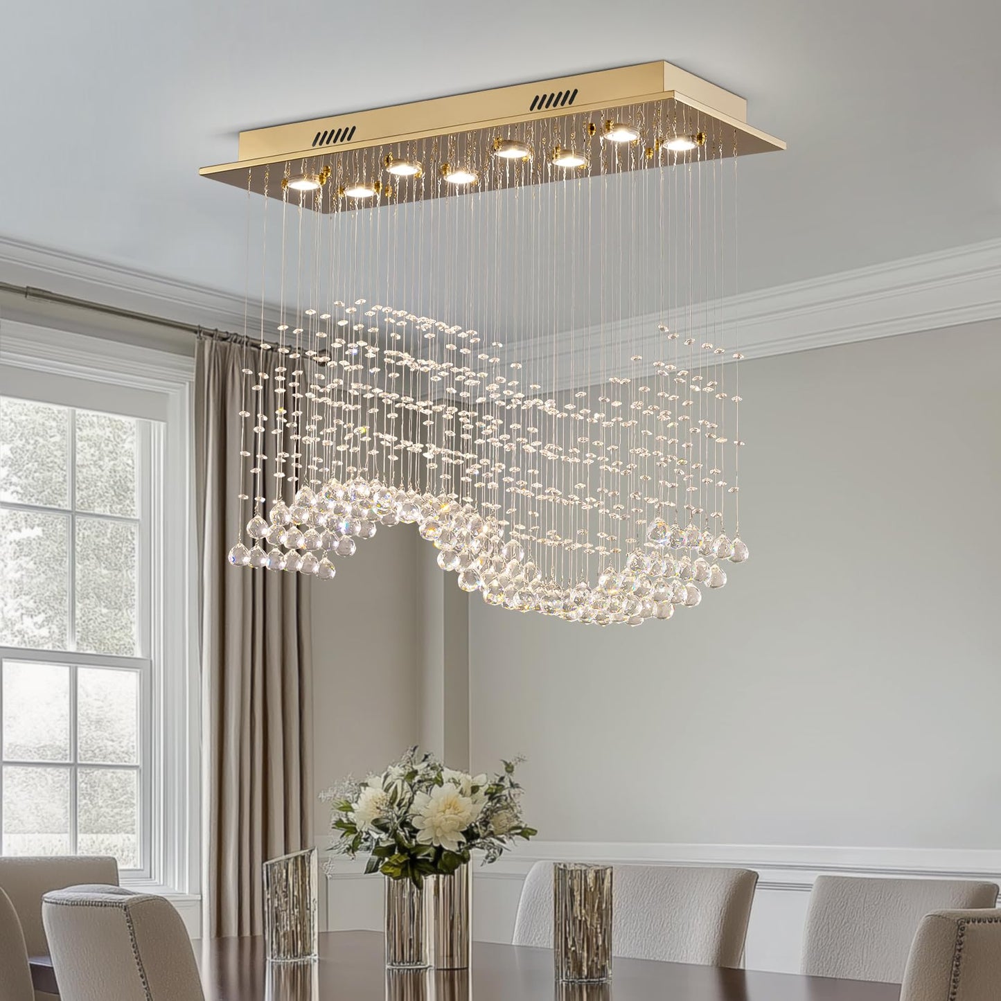 Siljoy Modern Crystal Chandelier Gold Rectangular Wave Raindrop Chandelier 8 Lights Rectangle Flush Mount Ceiling Light Pendant Light Fixture for Dining Room Living Room Kitchen Island L31.5''