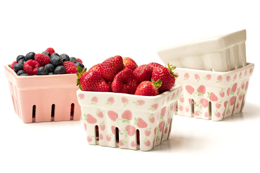 Farmhouse Ceramic Berry Basket, Colander, Strawberry Decor, Fruit Bowls/Baskets, Kawaii Kitchen bowl, Pink White and Cute Strawberry pattern Stoneware Harvest Square Bowls Set of 4