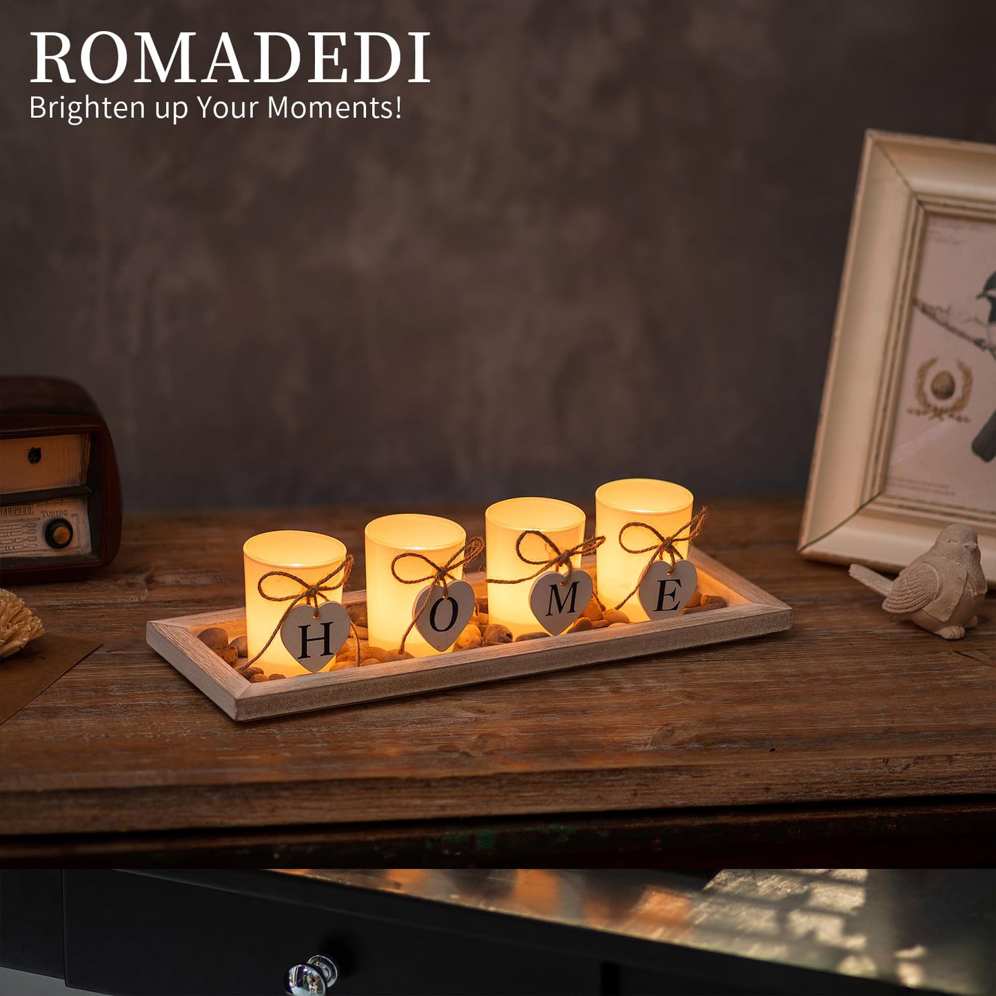 Romadedi Farmhouse Centerpiece Candle Holder Decor - Rustic Wooden Tray with 4 Glass Tealight Candles Holders for Coffee Table Home Decorations Living Room Fireplace Kitchen Housewarming Gifts