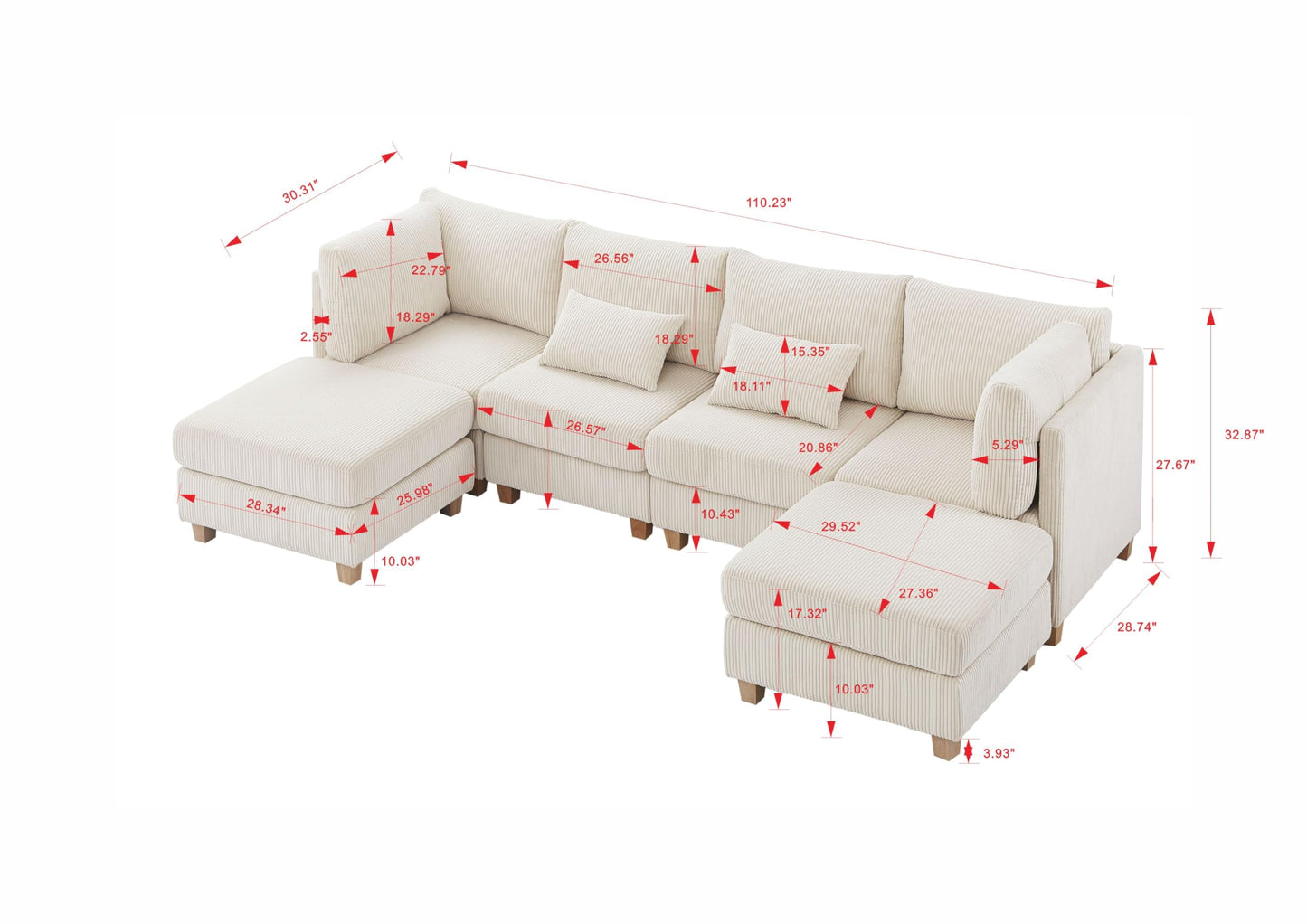 Eafurn Free Combination Reversible Modular Sectional Couch with Movable Ottoman Sets, Modern Corduroy Upholstered Convertible Sleeper Sofa Bed, Deep Seat Leisure Lounge Sofabed for Living Room Office