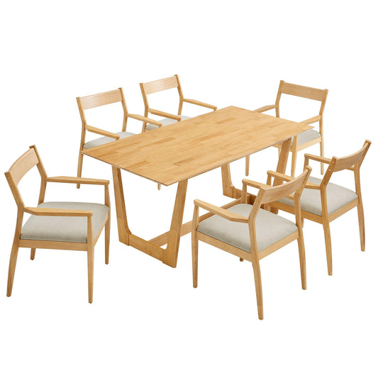 Modway Solara 7 Piece Wood Dining Set with Armchairs in Natural Heathered Weave Beige