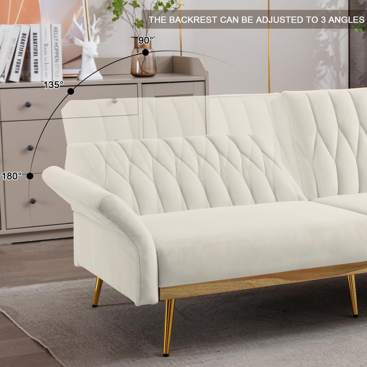 TTGIEET Futon Sofa Bed, Convertible Futon Sofa with Adjustable Armrest and Golden Metal Legs, Mid Century Modern Tufted Loveseat Couch Sleeper for Living Room, Bedroom, 70 Inch Width (Sofa, Cream)