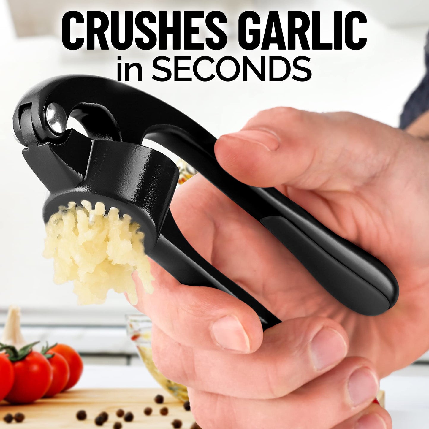 Zulay Kitchen Premium Garlic Press Set - Rust Proof & Dishwasher Safe Professional Garlic Mincer Tool - Easy-Squeeze, Easy-Clean with Soft, Ergonomic Handle - Silicone Garlic Peeler & Brush (Black)