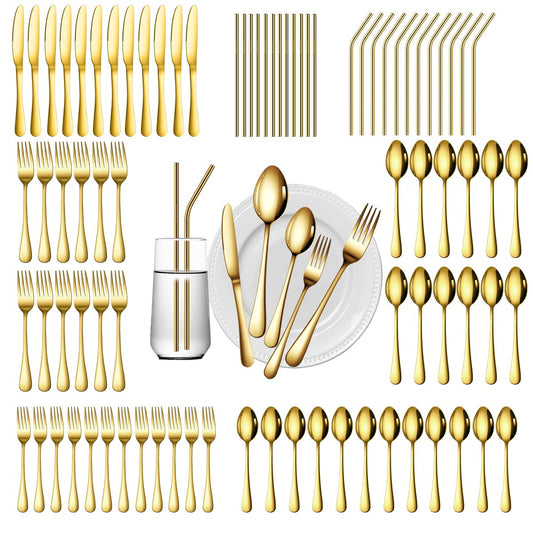 Gutuwellea 84 Pieces Gold Silverware Service for 12 Flatware Set Stainless Steel Utensils Cutlery Set Dishwasher Safe Flatware (Gold, 84)