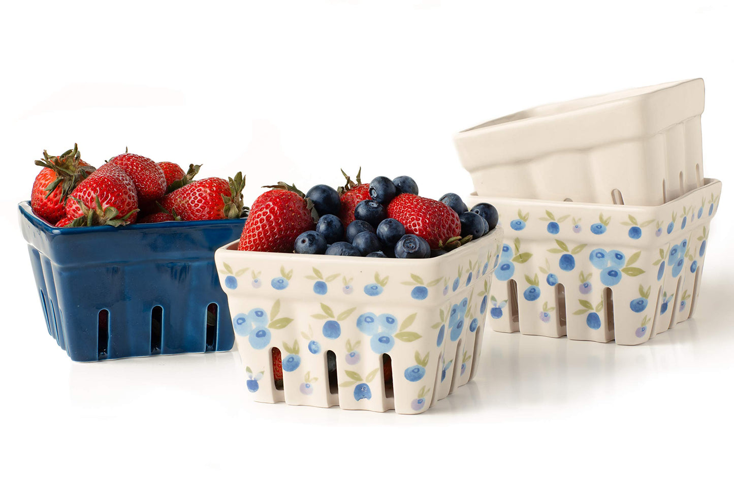 Farmhouse Ceramic Berry Basket, Colander, Farmers Market square Bowl. Rustic Kitchen decor fruit bowls, Fruit Baskets, Bleu White and Blueberry pattern Stoneware Harvest Bowls Set of 4 …