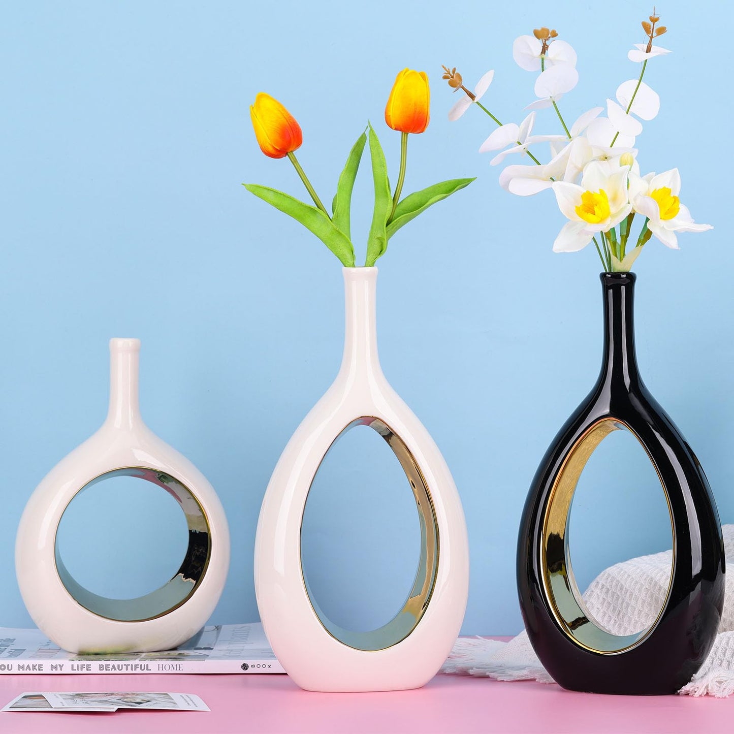 White and Gold Vase Ceramic White Vases Home Decor,Modern Minimalist Circle with Hole Decorative Vase, Hollow Ellipse Flower vases for Bookshelf, Fireplace Mantle, Centerpieces,Farmhouse,Rustic Décor