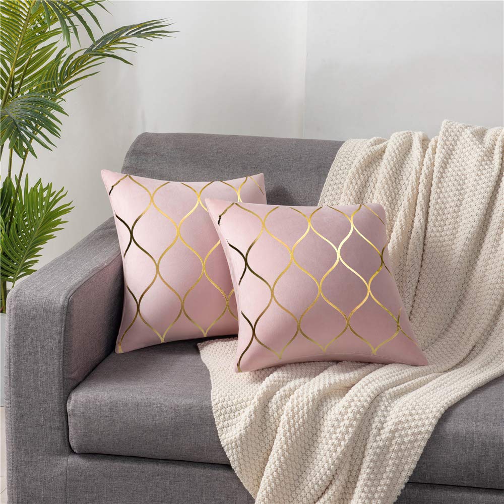 DEZENE Gold Velvet Throw Pillow Covers: 2 Pack 18x18 Inch Square Decorative Pillow Cases for Bedroom Sofa Couch Living Room, Pink