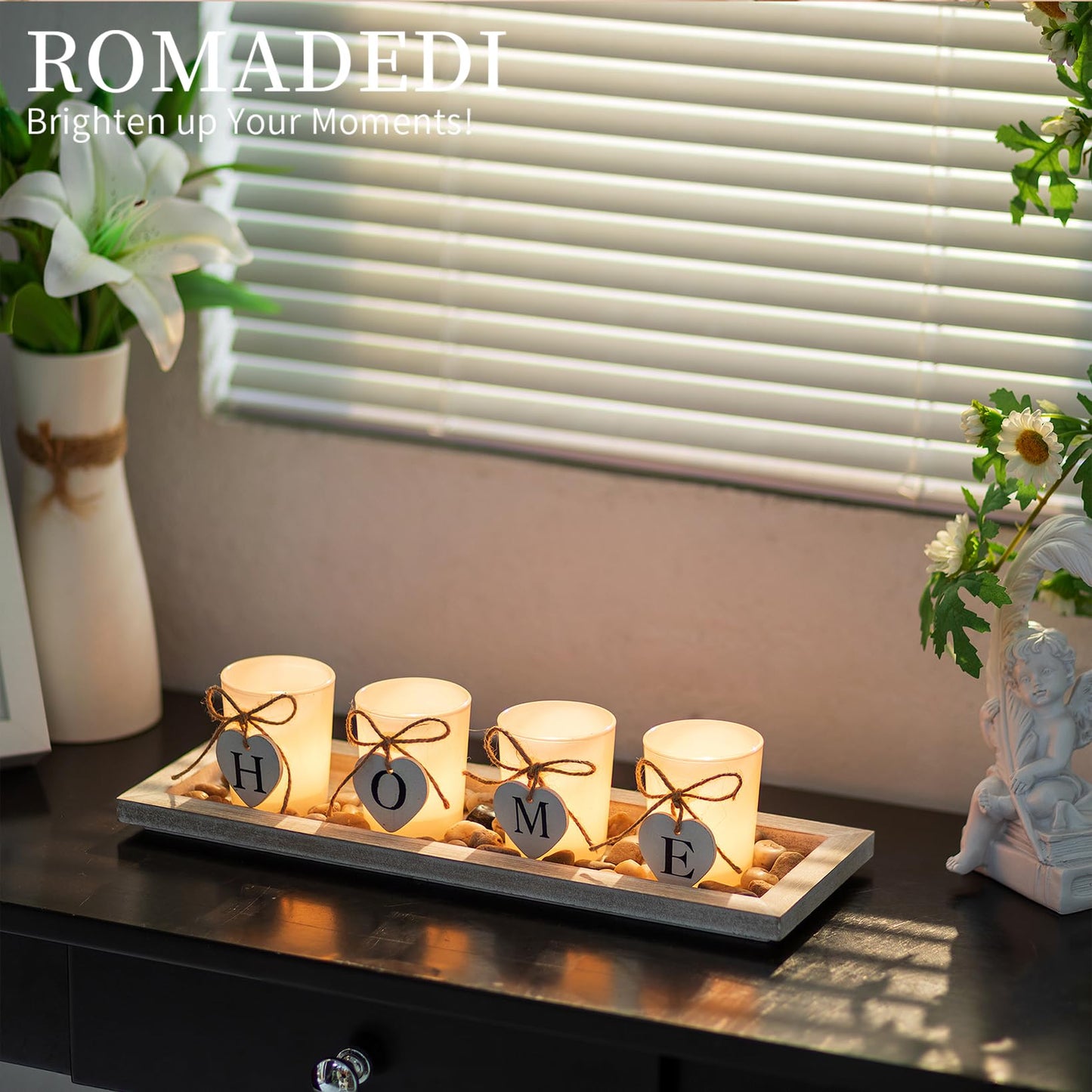 Romadedi Farmhouse Centerpiece Candle Holder Decor - Rustic Wooden Tray with 4 Glass Tealight Candles Holders for Coffee Table Home Decorations Living Room Fireplace Kitchen Housewarming Gifts