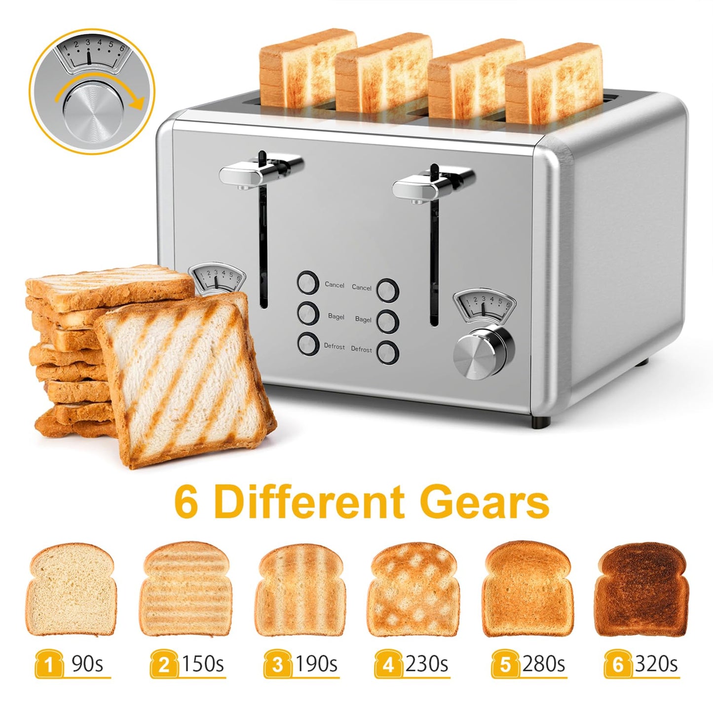 WHALL Stainless Steel Toaster, 6 Bread Shade Settings, Bagel/Defrost/Cancel Function, Extra-Wide Slot of 1.5 in Wide Slot, High Lift Lever, Removable Crumb Tray, for Various Bread Types