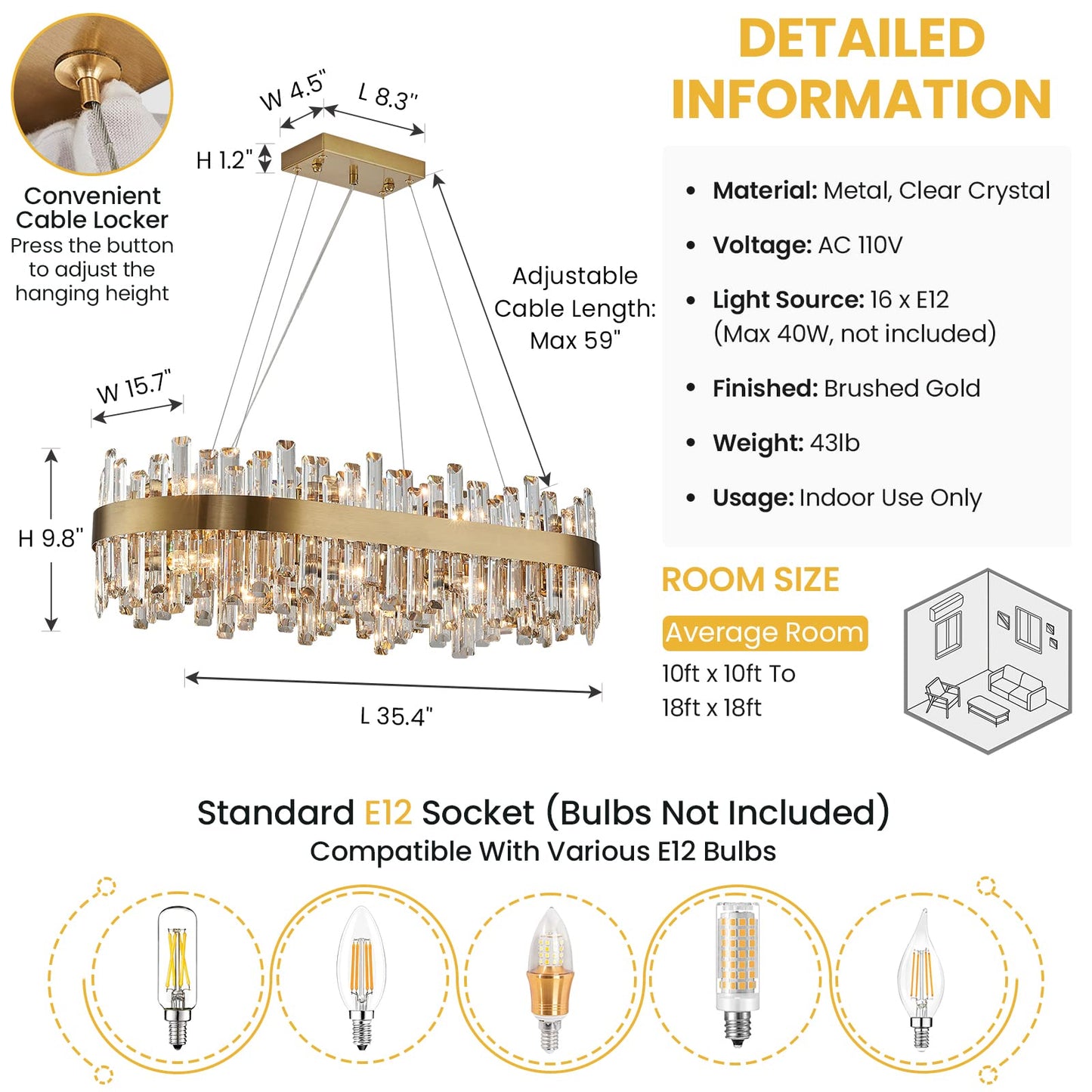 Siljoy Modern Crystal Chandelier Luxury Rectangular Brass Gold Raindrop Chandelier 16 Lights Rectangle Oval Flush Mount Pendant Light Fixture for Dining Room Living Room Kitchen Island L35.4''