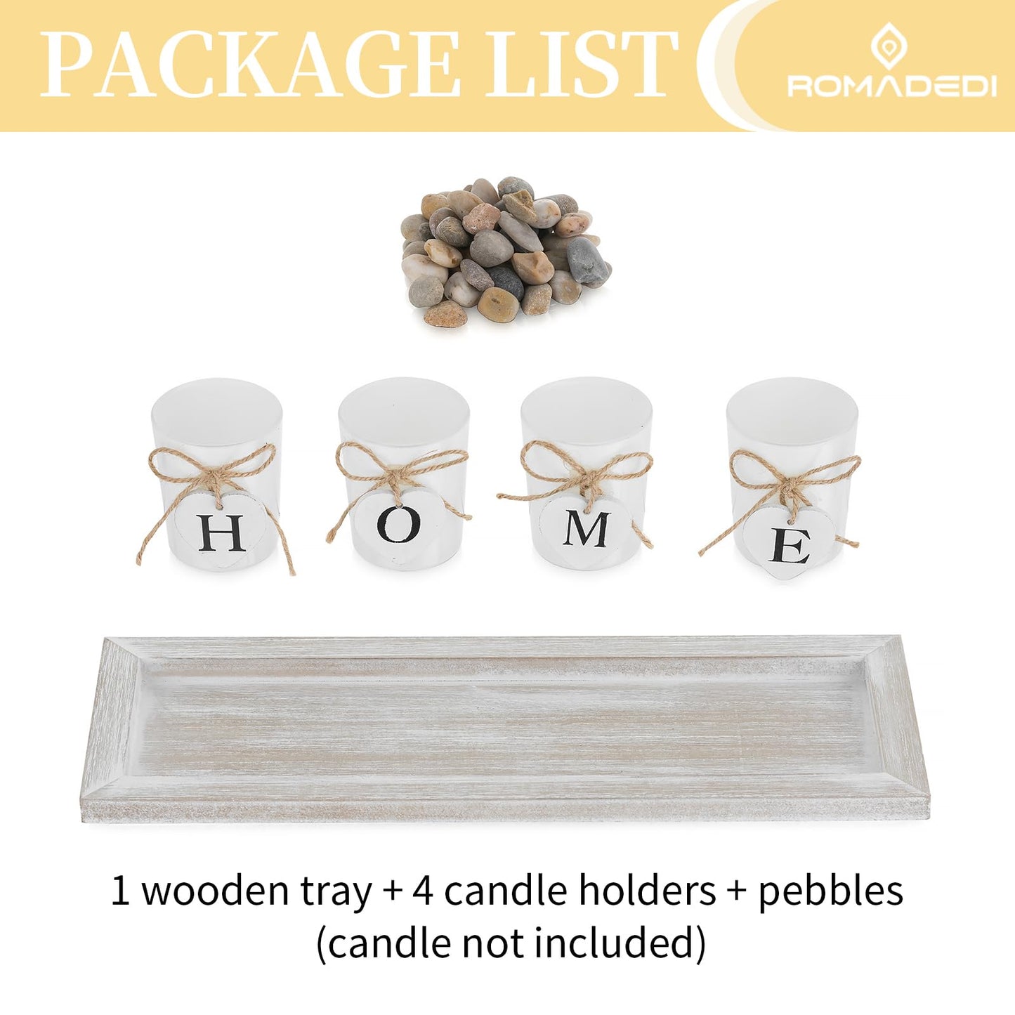 Romadedi Farmhouse Centerpiece Candle Holder Decor - Rustic Wooden Tray with 4 Glass Tealight Candles Holders for Coffee Table Home Decorations Living Room Fireplace Kitchen Housewarming Gifts