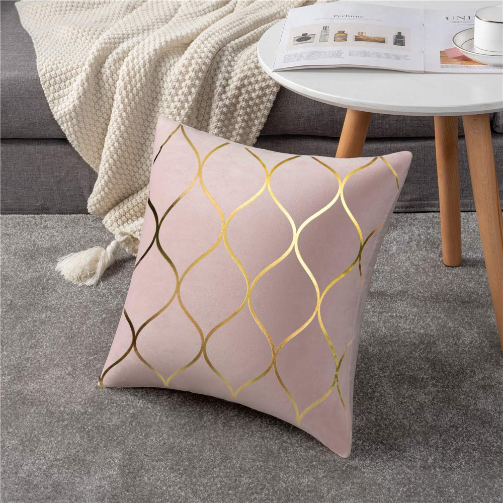 DEZENE Gold Velvet Throw Pillow Covers: 2 Pack 18x18 Inch Square Decorative Pillow Cases for Bedroom Sofa Couch Living Room, Pink