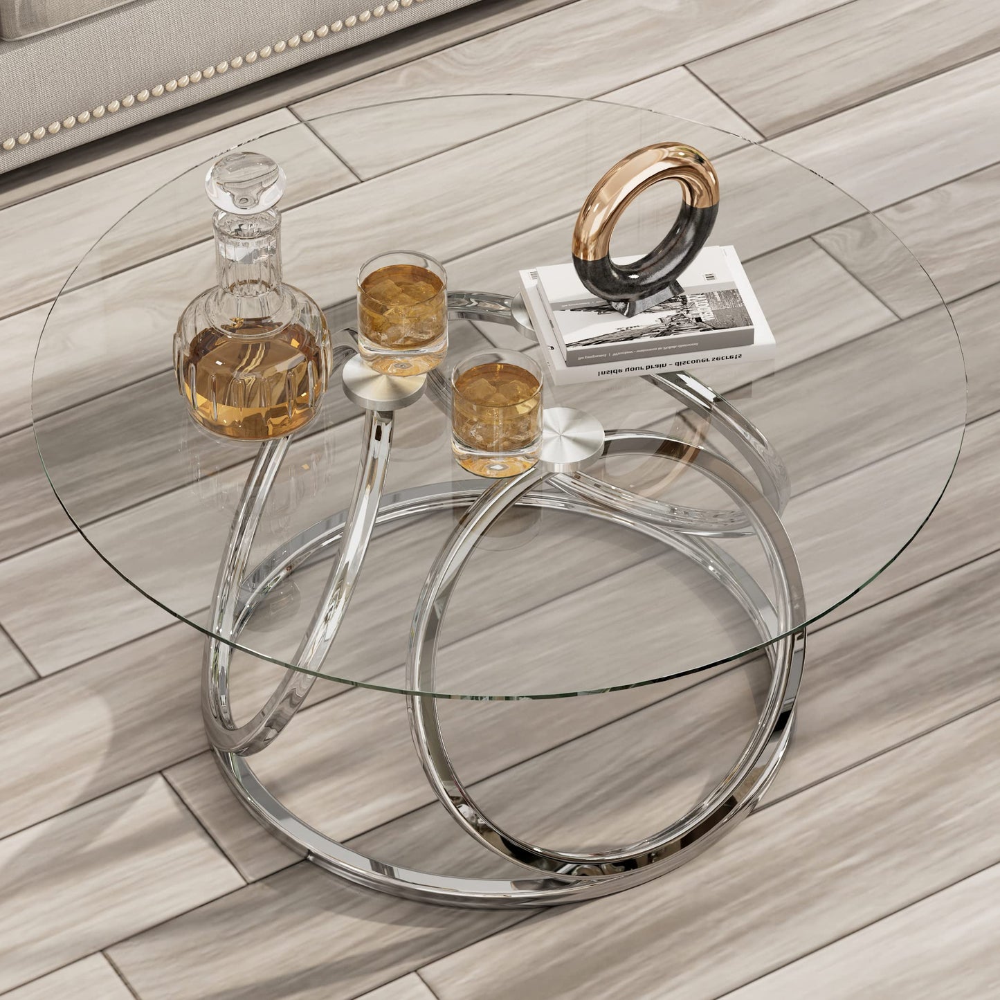 O&K FURNITURE Silver Coffee Table, Modern Glass Coffee Table Living Room Table with Ring-Shaped Frames, Glass Coffee Table for Home&Office, Chrome Finish, 1 PC