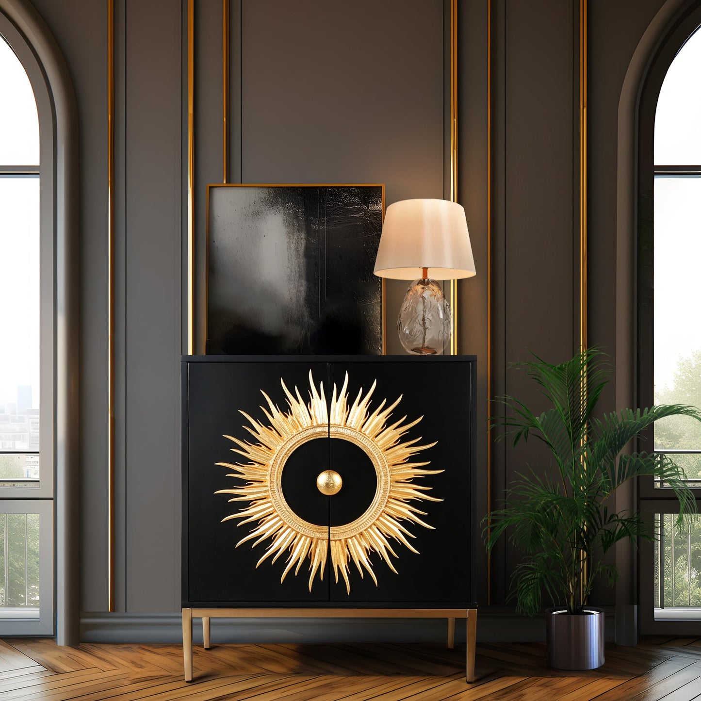 GEPOW Modern Black Sideboard Buffet Cabinet with Storage, Luxury Accent Cabinet with Gold Sunburst Design, Freestanding Chest with 2 Doors and Shelves for Living Room, Kitchen, Office or Entryway