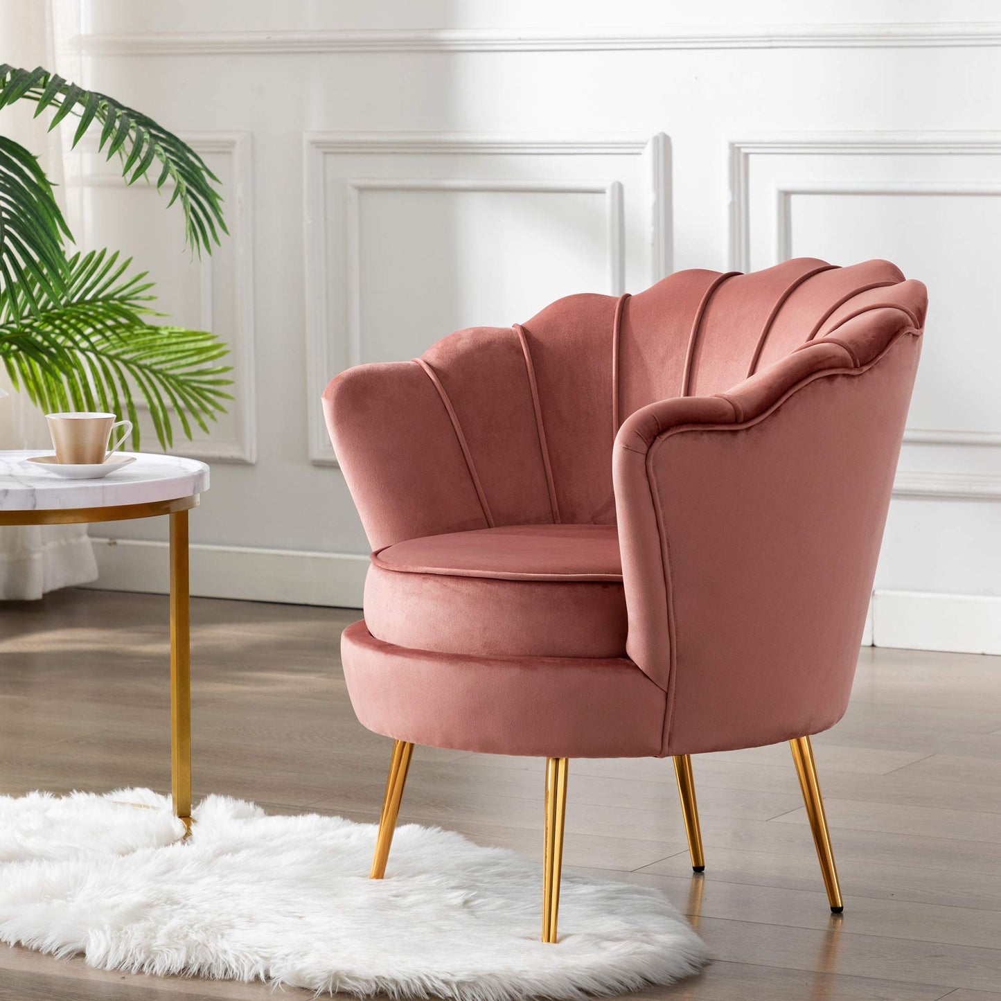 DAGONHIL Mid Century Modern Upholstered Accent Chair,Retro Leisure Velvet Single Sofa with Golden Metal Legs for Living Room/Bedroom/Makeup Room, Dusty Pink