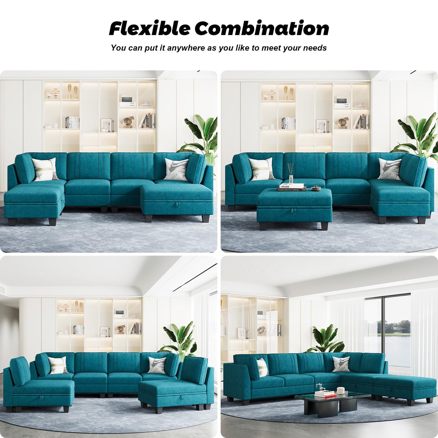 Belffin 4 Seater Sectional Sofa with Reversible Chaise, L Shaped Sofa Sectional Couch with Convertible Storage Ottoman Peacock Blue