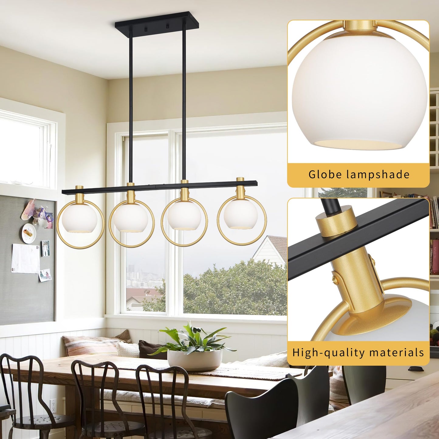 Kveosv Gold Black Chandelier Modern Dining Room Light Fixture 4-Light Kitchen Island Lighting Hanging for Farmhouse Linear Chandeliers Mid Century Chandelier with Milk Glass Globe Shade