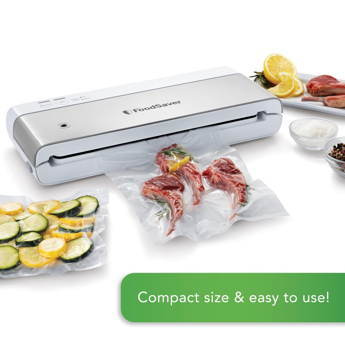 FoodSaver Compact Vacuum Sealer Machine with Airtight Bags and Roll - Ideal for Sous Vide and Airtight Food Storage, White