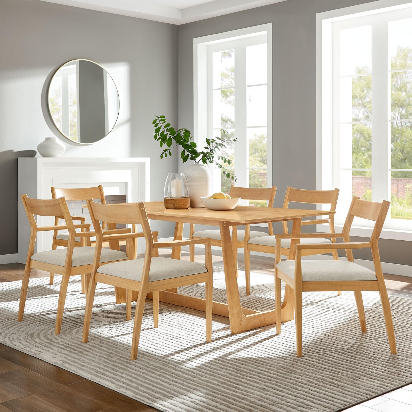 Modway Solara 7 Piece Wood Dining Set with Armchairs in Natural Heathered Weave Beige