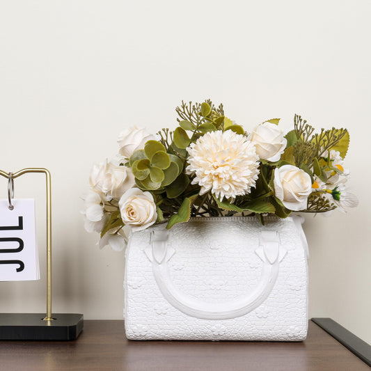 Elegant White Ceramic Flower Purse Vase – Perfect Room Decor Aesthetic, Small & Unique Ceramic Handbag Vase for Flowers, Ideal for Home Decor (Ceramic, White)