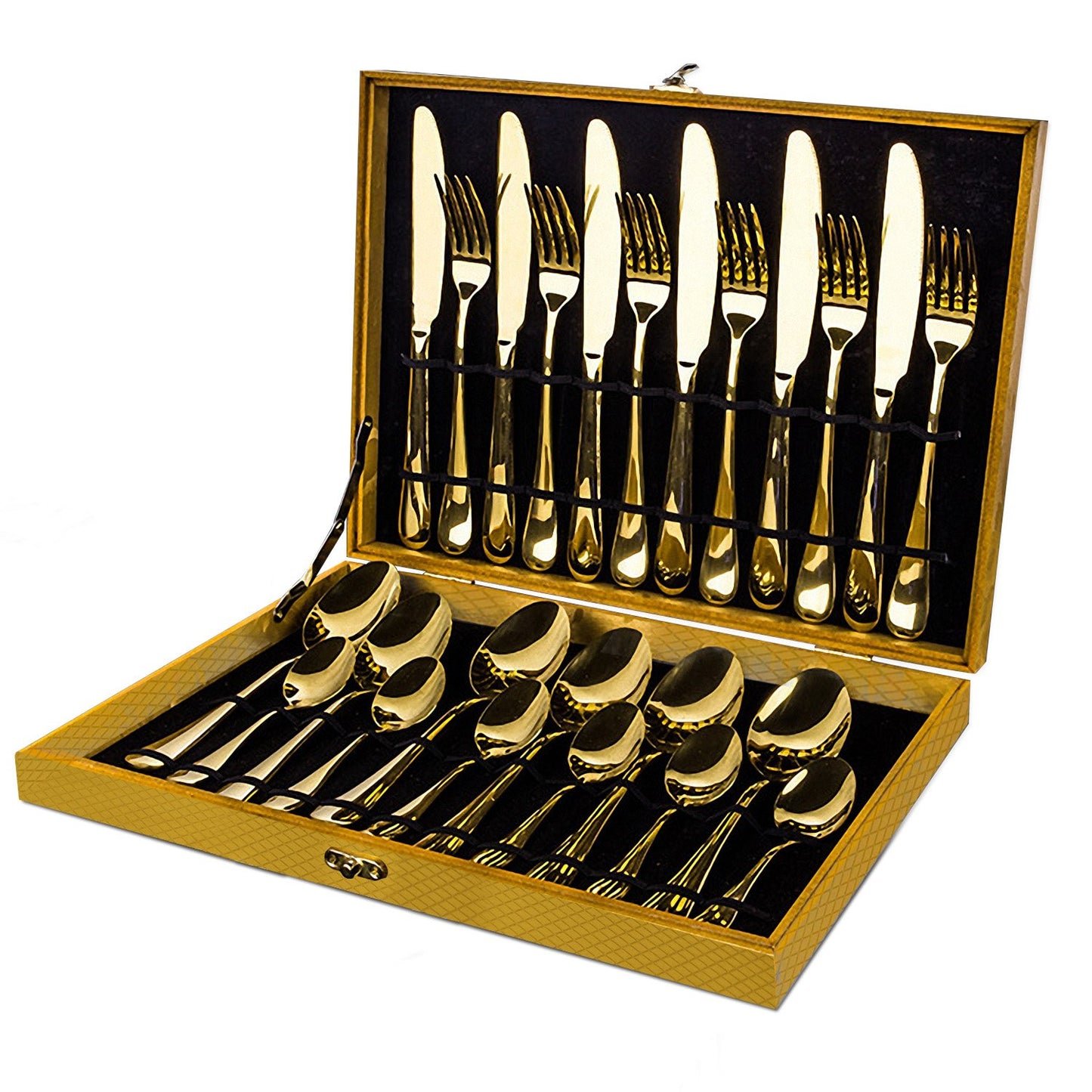 Flatware Set Gold Silverware Set with Pattern Mirror Polished 24 Pieces Cutlery Set Housewarming Wedding Gift, Service for 6