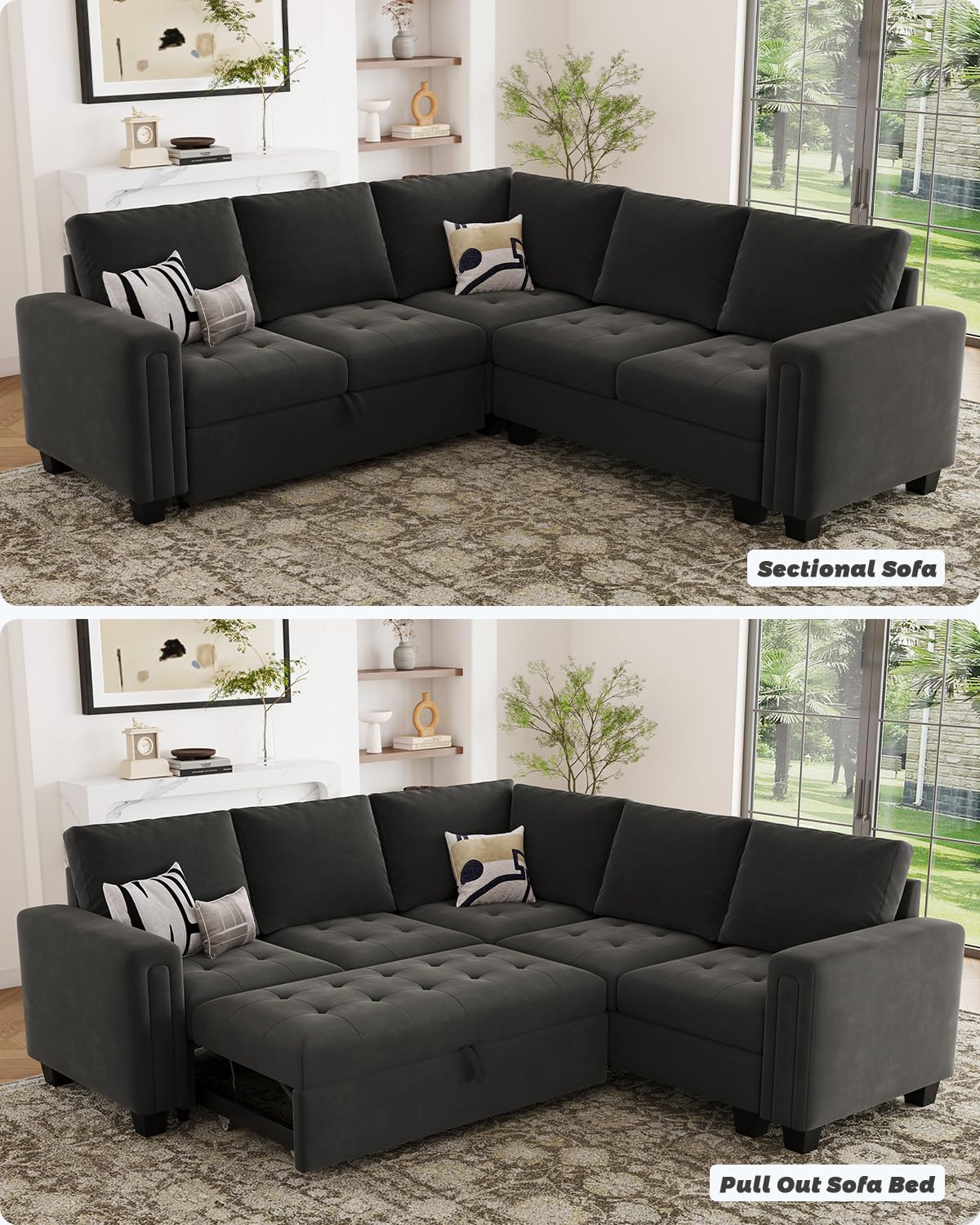 Belffin Modular Sectional Sleeper Sofa with Pull Out Couch Bed Velvet Convertible L Shaped Sectional Couch for Living Room Apartment Grey