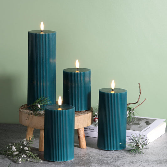 Girimax Teal Flat Top Ribbed Flameless Pillar Candles with Remote, Flickering LED Wax Battery Candles Set of 4, Φ 3" H 4" 5" 6" 8"